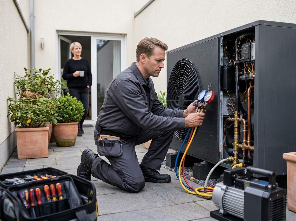 Monteur onderhoudt een warmtepomp in de tuin van de klant