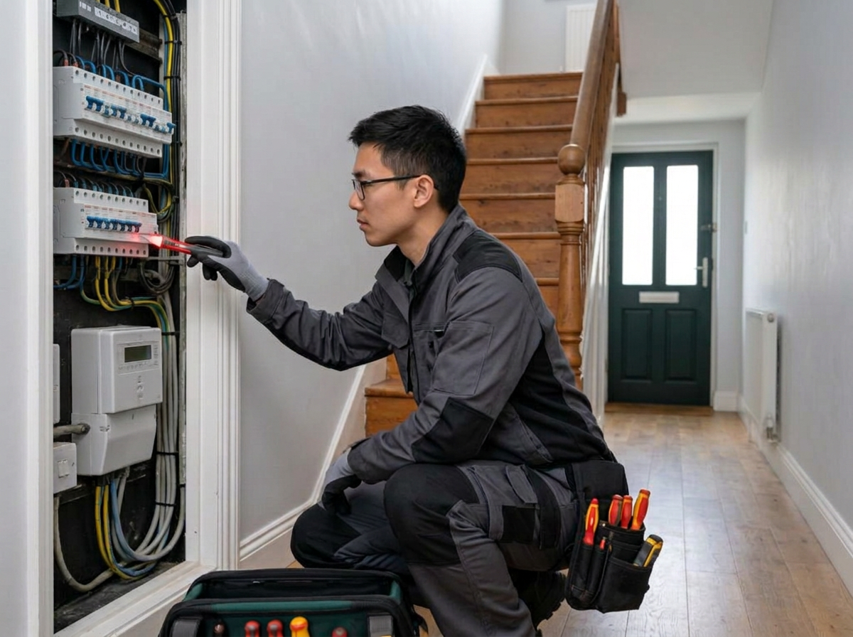 Elektricien controleert de meterkast in de woning van een klant
