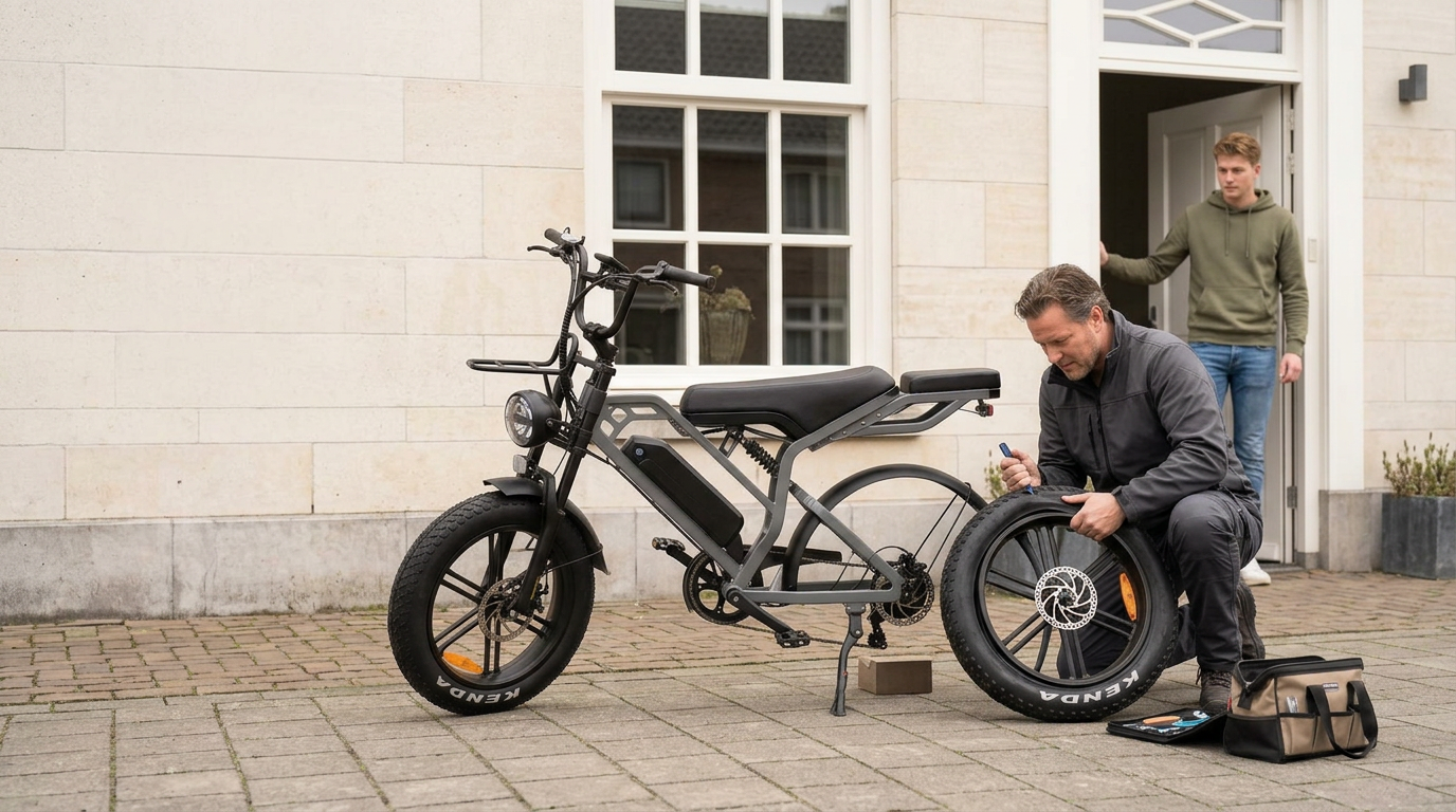 Monteur vervangt de lekke binnenband van een fatbike bij een jonge klant thuis