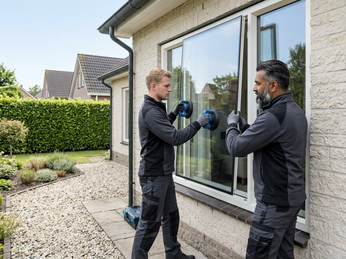 Glaszetters plaatsen een ruit in de woning van een klant