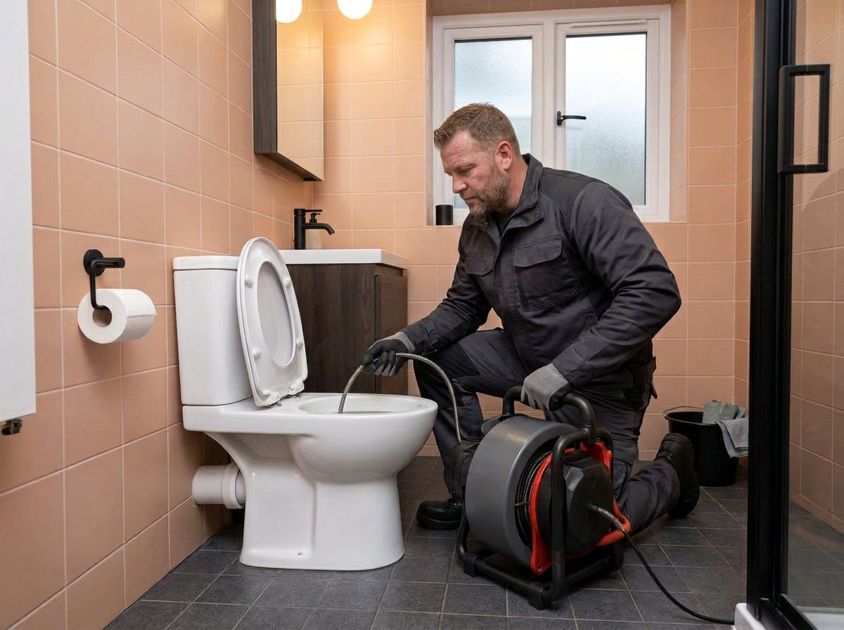 Ontstoppingsmonteur werkt aan het toilet bij een klant thuis